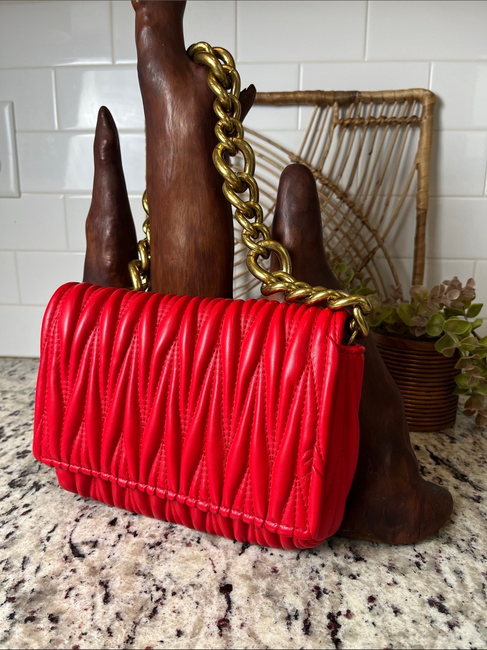 Montana West Red Quilted Shoulder Bag with Gold Chain